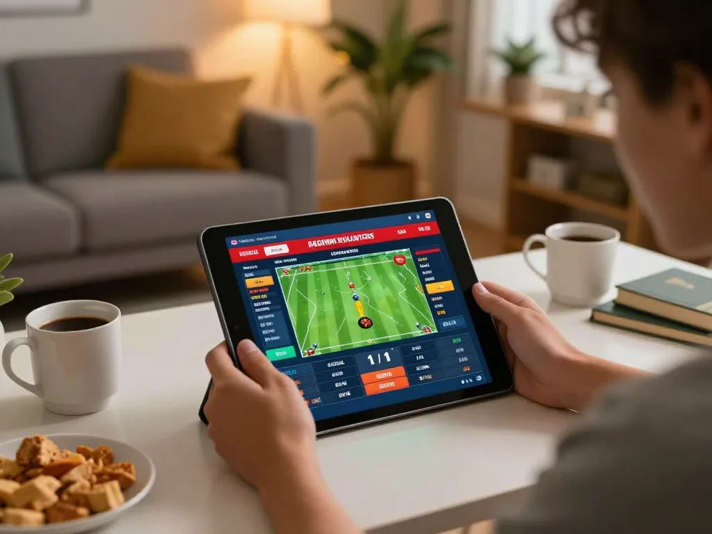 Engaging betting action displayed on tablet screen as user enjoys casual online gaming at home with snacks around.