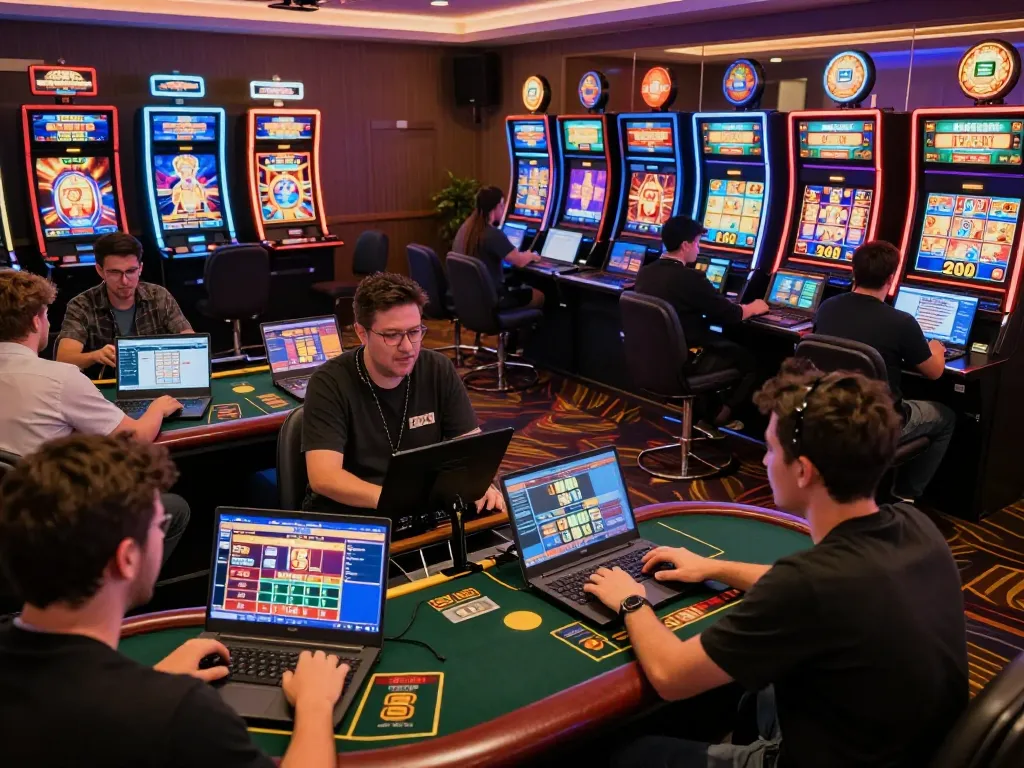 Players engaging with sc881 online casino games on multiple devices, excited environment with live dealer options.