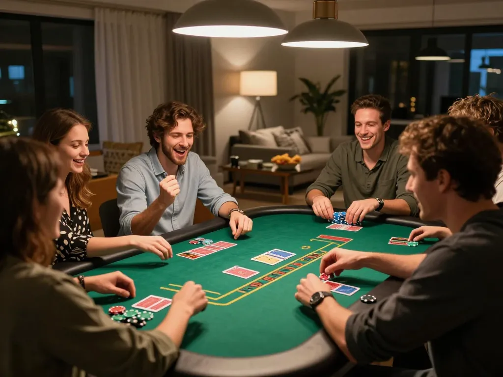 Friends enjoy intense blackjack game at home with mpoid strategy in play creating a vibrant social atmosphere