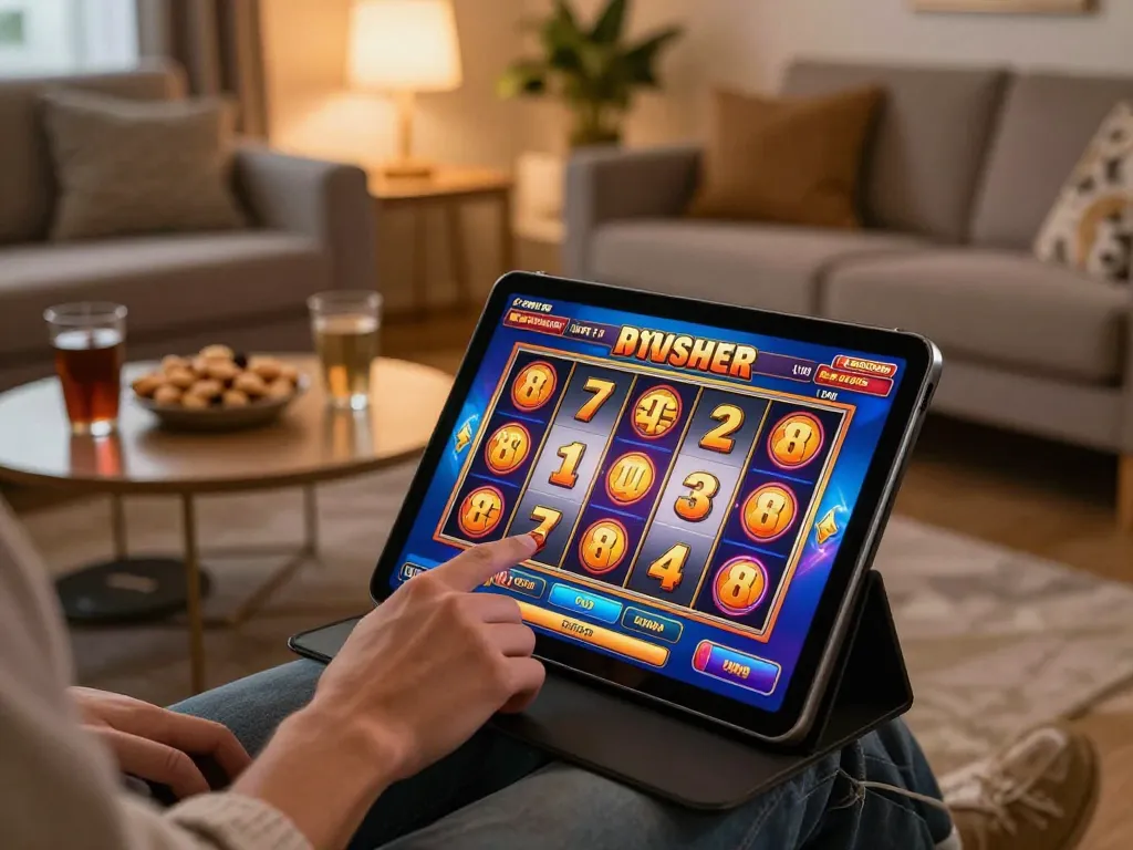 LIGALGO player engaging in vibrant online slot gaming on a cozy tablet setup, showcasing excitement and comfort.
