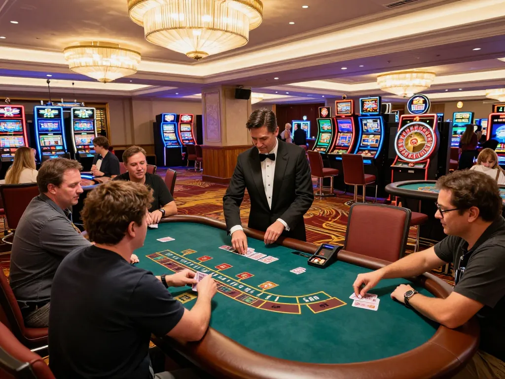 Players experiencing the thrill of blackjack at 77WIN casino, engaging moments and dealer interactions.