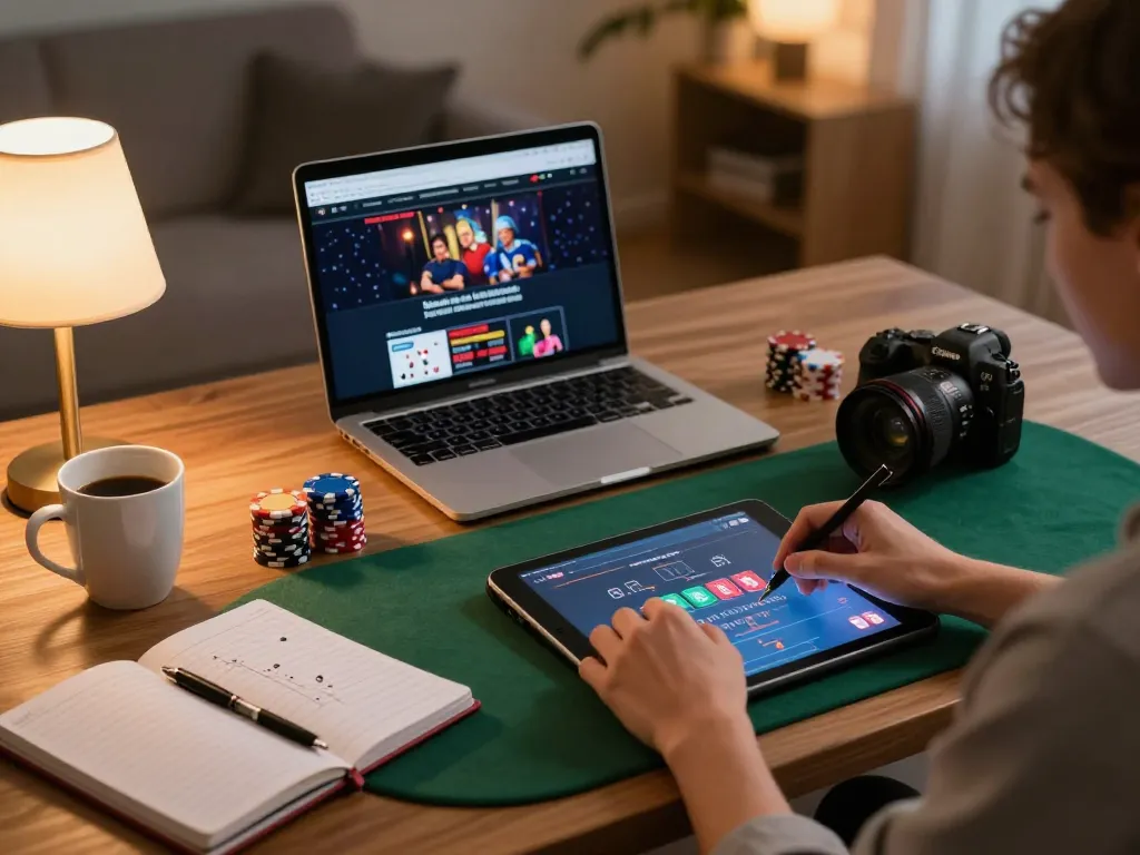 Playing poker on tablet at home, showcasing 78winbiz's strategic gaming environment with cozy atmosphere.