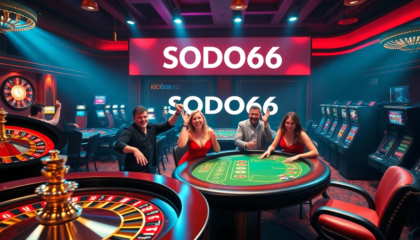 SODO66 players enjoying thrilling moments at a luxurious casino featuring roulette and poker.