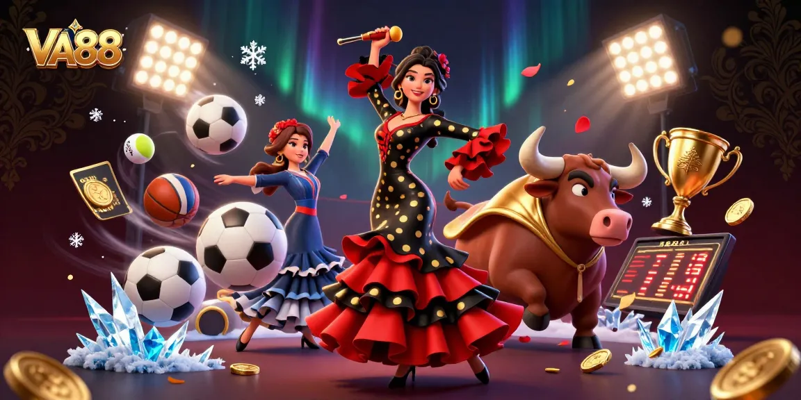 VA88 offers thrilling gameplay with a stunning flamenco dancer and cartoon bull, surrounded by dynamic sports elements.
