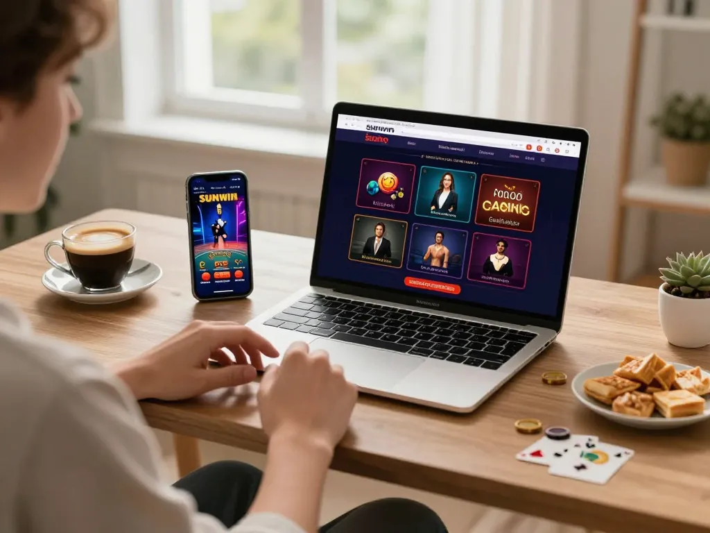 Engaging with Sunwin's online casino platform on a modern gaming setup, showcasing laptop and smartphone.