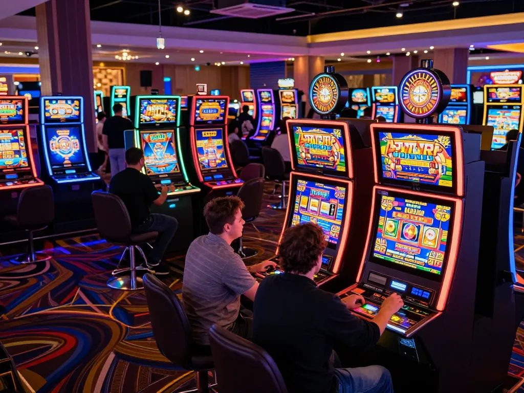 Engaged players spinning their luck on colorful slot machines in a lively casino setting