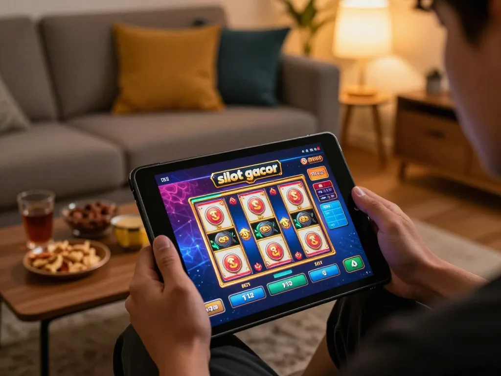 Engaging in situs slot gacor gaming on a tablet in a cozy home environment.