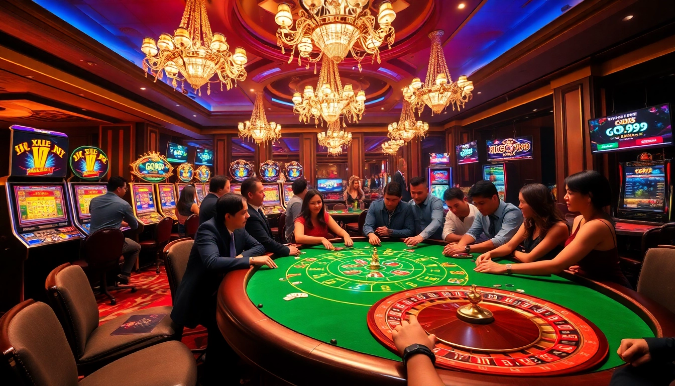 Players enjoying poker at a casino table in a lively GO99 gambling scene.