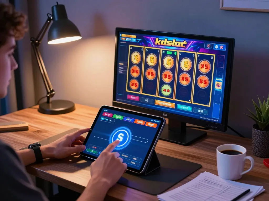 Playing kdslot on a tablet during an exciting online gaming session at home, highlighting engaging gameplay.