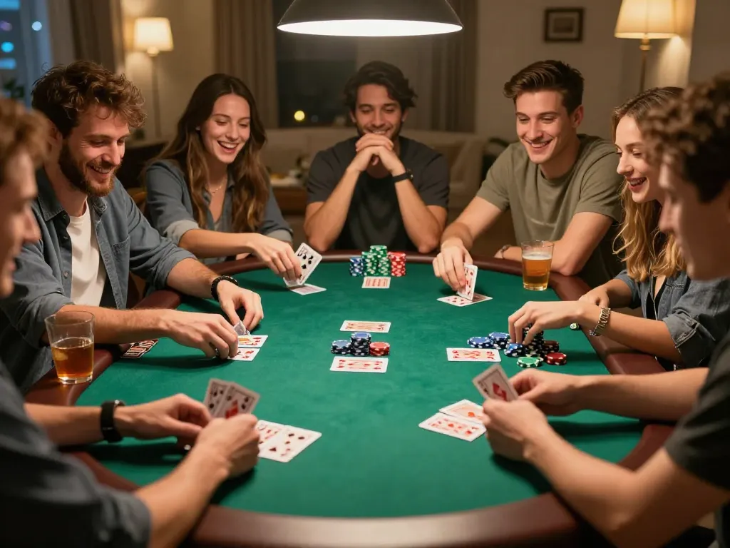 AJAIBTOTO malam poker di rumah bersama teman, menampilkan permainan yang mendebarkan dan interaksi sosial