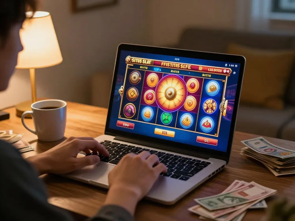 Engaged player enjoying situs slot games on a laptop in a cozy home setting.