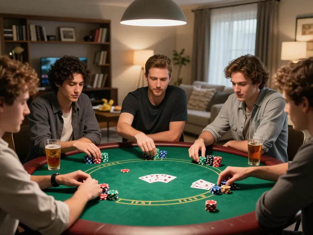 Kuwinfi poker night scene with friends enjoying an engaging game at home, showcasing strategy and excitement.