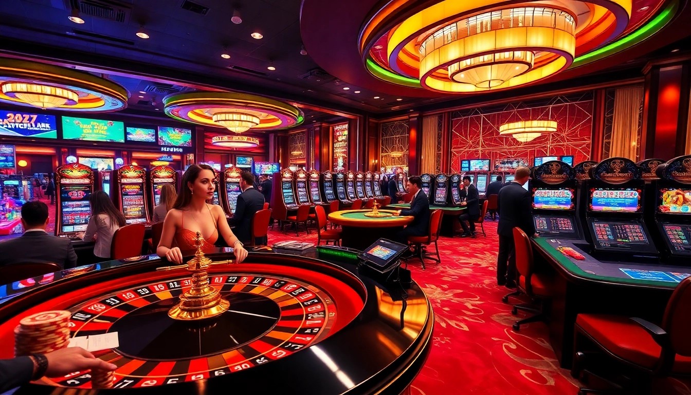 Experience the excitement of BL555 with a stunning casino scene featuring roulette and slot games.