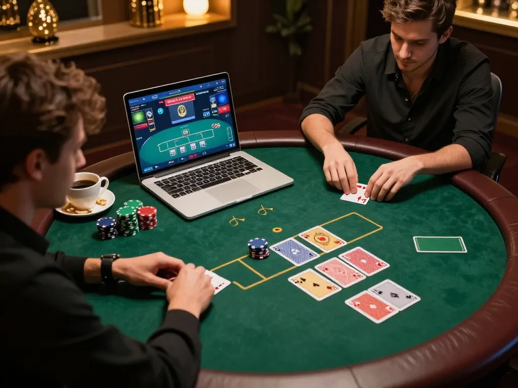 Player enjoying an online poker game at home on bk8, showing cards and focused expression.