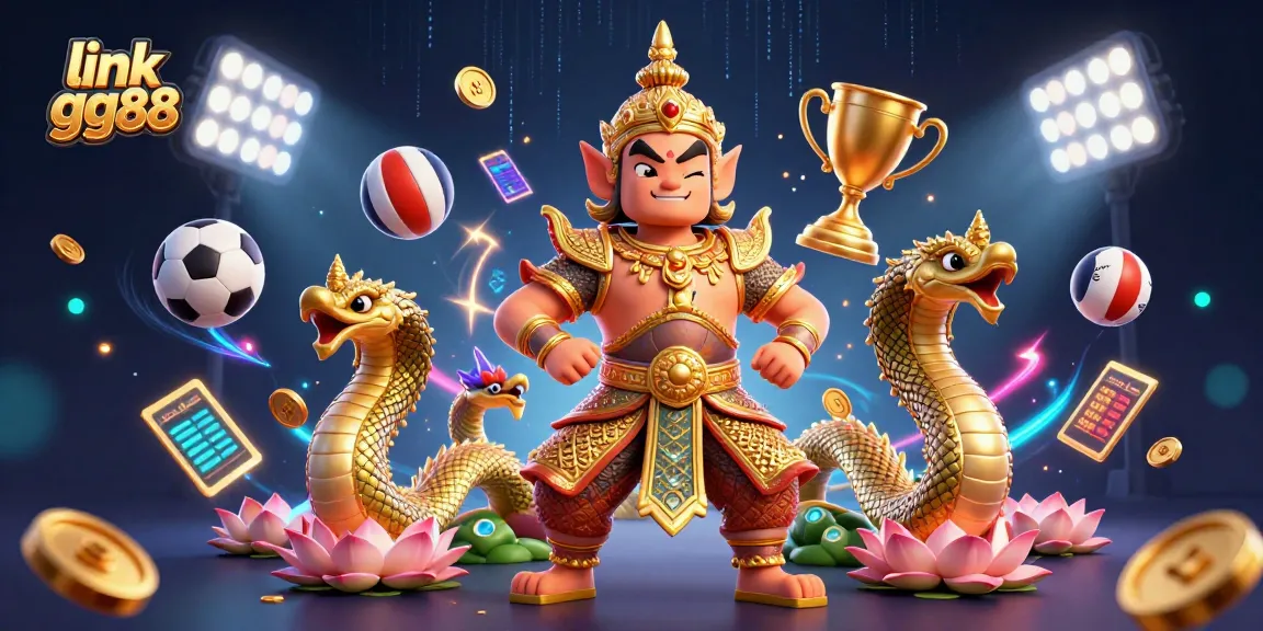 Link gg88 showcases an exciting casino experience, with animated sports balls, temple guardian, and vibrant elements.