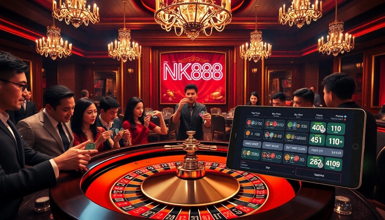 Players placing bets at a luxury casino table with NK888 branding, showcasing excitement.