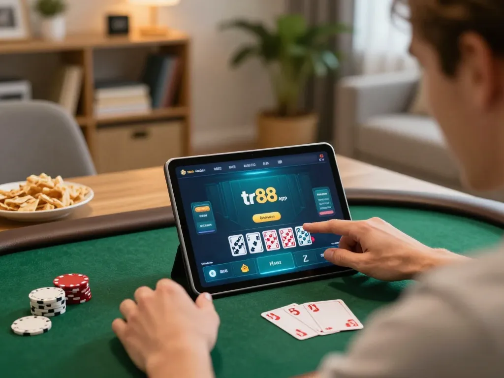 Engaged player using tr88 app on a tablet, strategizing in cozy home settings.