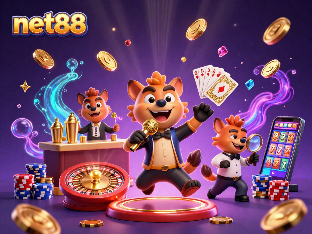 net88 hyenas animate a vibrant comedy casino club scene with golden coins, roulette wheel, and sparkling gems