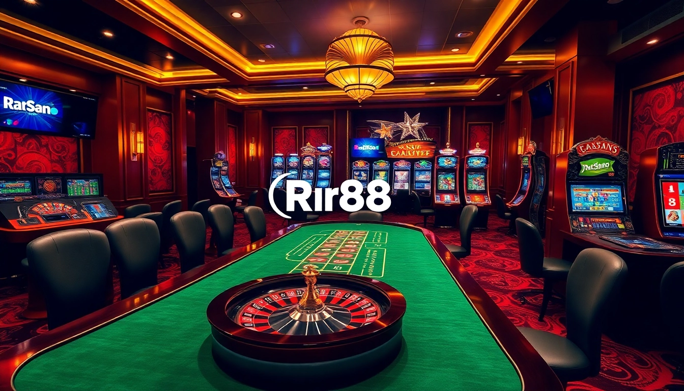 Experience luxury gambling at https://rr88k1.com/ with vibrant slot machines and a sophisticated gaming table.