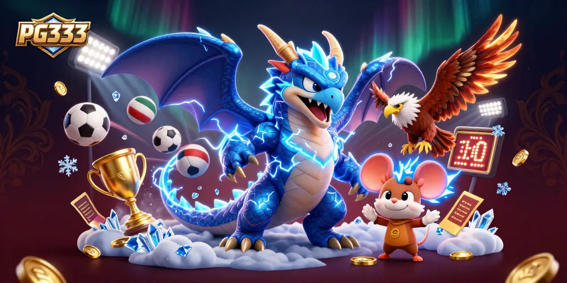 Experience PG333 with a dynamic 3D illustration showcasing thrilling casino elements and characters.