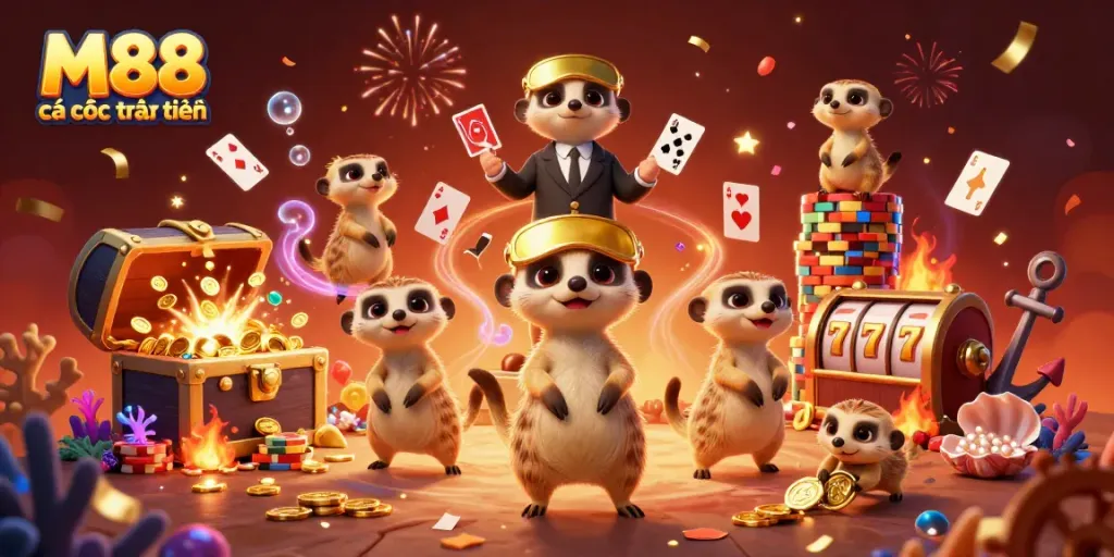 Trải nghiệm M88 cá cược trực tuyến với những con meerkat hoạt động trong sòng bạc đầy màu sắc và huyền ảo.