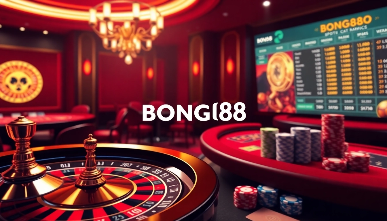 Bong88 offers a lively casino environment with poker chips and roulette wheel featured.