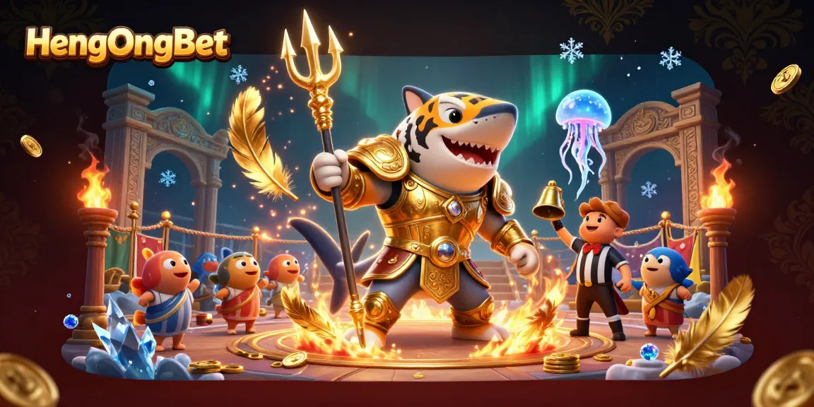 Engage with HengOngBet in a vibrant underwater colosseum featuring a fierce golden gladiator shark and cheering fish for thrilling gaming.