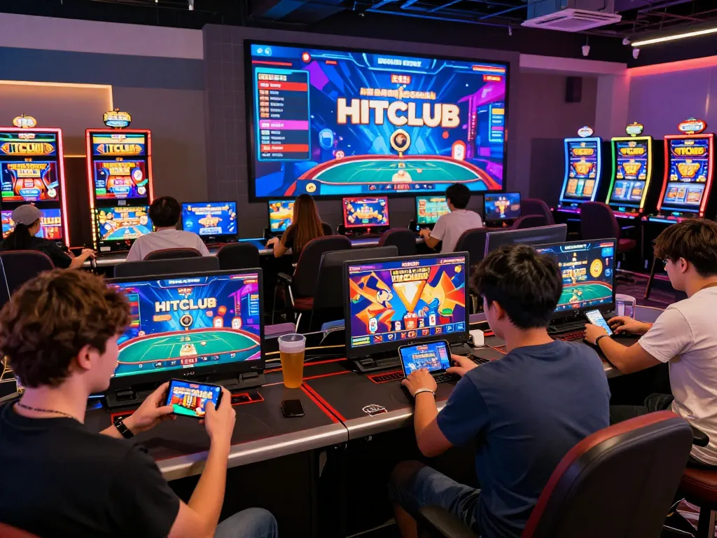 hitclub online gaming scene with diverse players using different devices in a vibrant, engaging environment