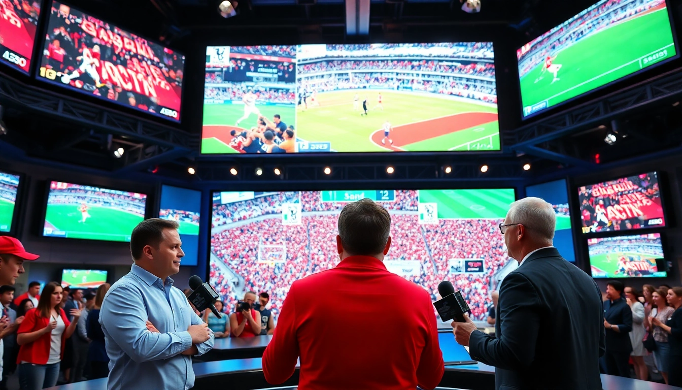 Sports Broadcasting studio showcasing hosts and screens during live event discussion.