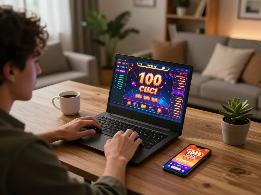 Playing 100 cuci online on a laptop with casino interface while enjoying a cozy home environment.