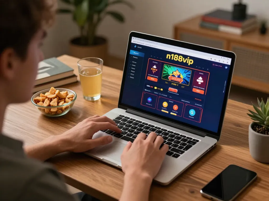 Engaging in online gaming at n188vip casino with a laptop, snacks, and a cozy home setting.