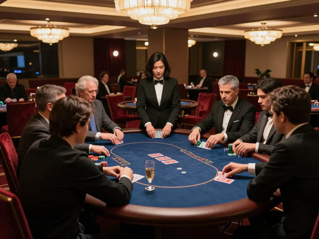 Players strategizing at hitclub VIP poker table, luxurious ambiance with dealer and cards in focus.