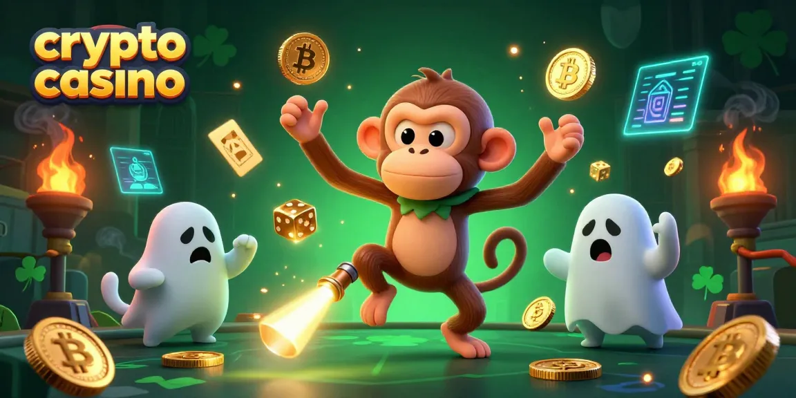 Engaging scene of a crypto casino with a poltergeist monkey juggling golden items and a puppy ghost hunter.