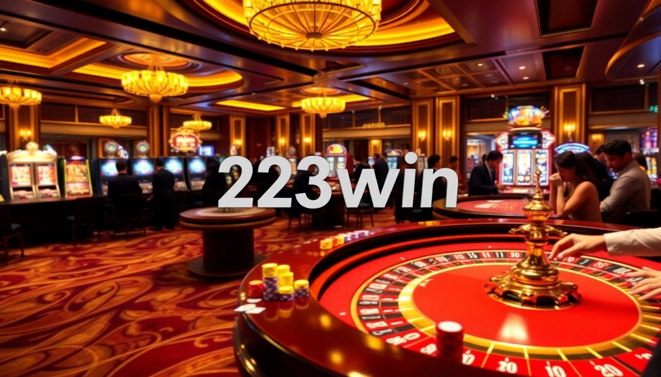 Experience the thrill of gambling with 23win at a luxury casino scene featuring poker, roulette, and slot machines.