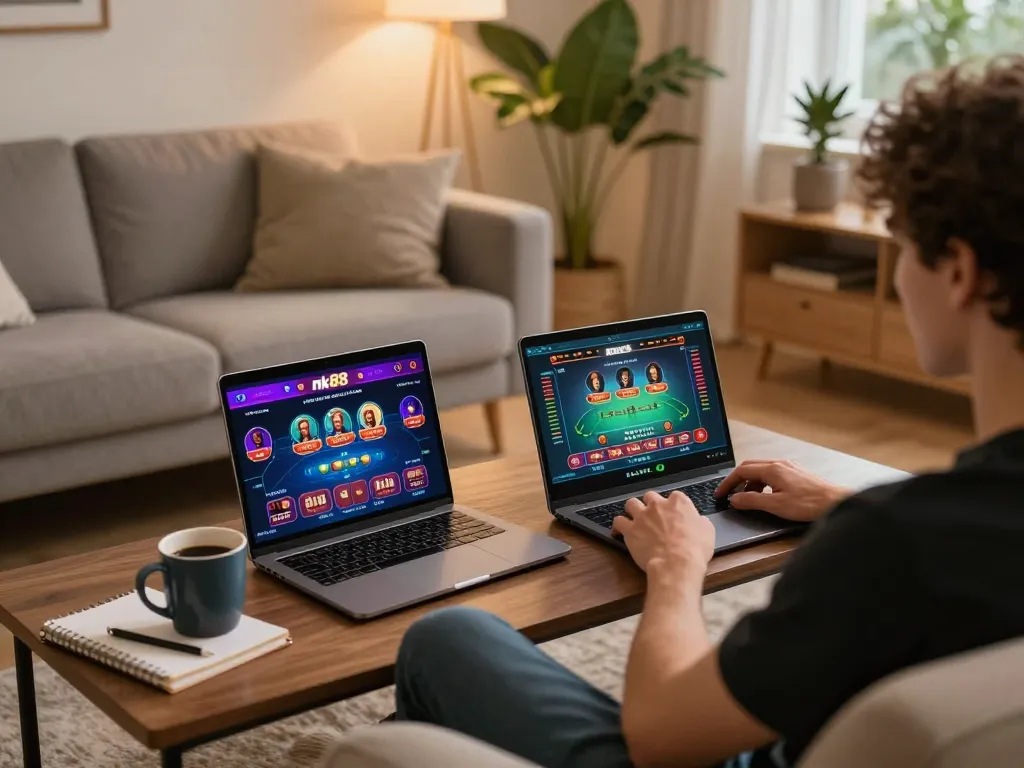 Engaging gameplay on nk88 casino platform within a cozy home setting, featuring online gaming environment.