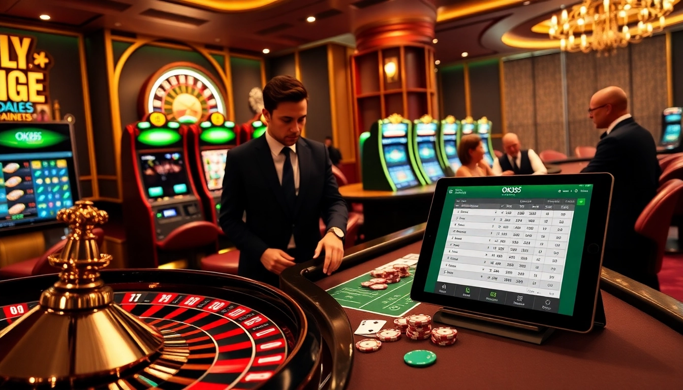 Experience the excitement of playing at OK365's vibrant casino with tables, slots, and engaging dealers.