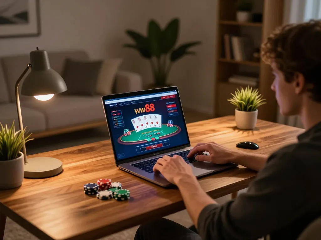 Engaging with ww88's online casino game in a cozy home gaming setup, featuring a laptop and poker interface.