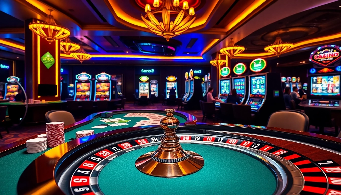 SODO Casino features an elegant gaming table with vibrant poker chips, roulette wheel, and colorful slot machines.