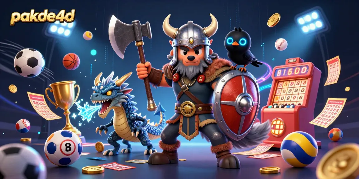 Captivating pakde4d lottery scene showcasing a Viking wolf warrior and a dragon amidst dynamic gaming elements.