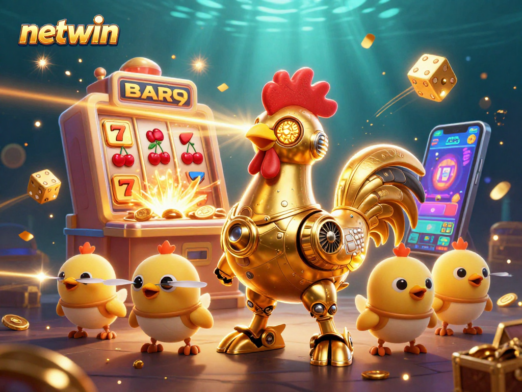 Experience thrilling wins with netwin's vibrant casino scene featuring a golden rooster robot and dynamic games.