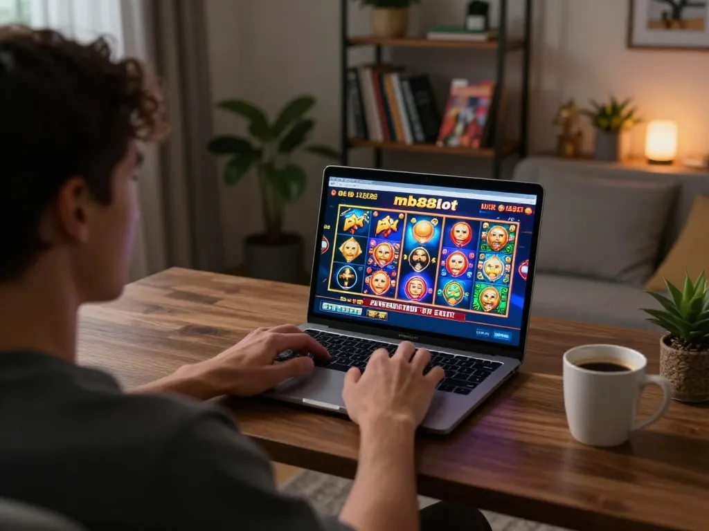 The user enjoys online gaming on mb88slot while relaxing in a cozy home office.