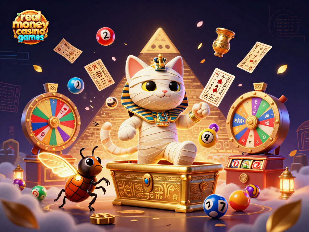 Engage with real money casino games featuring a thrilling 3D cartoon Egyptian mummy cat and rich gambling elements.
