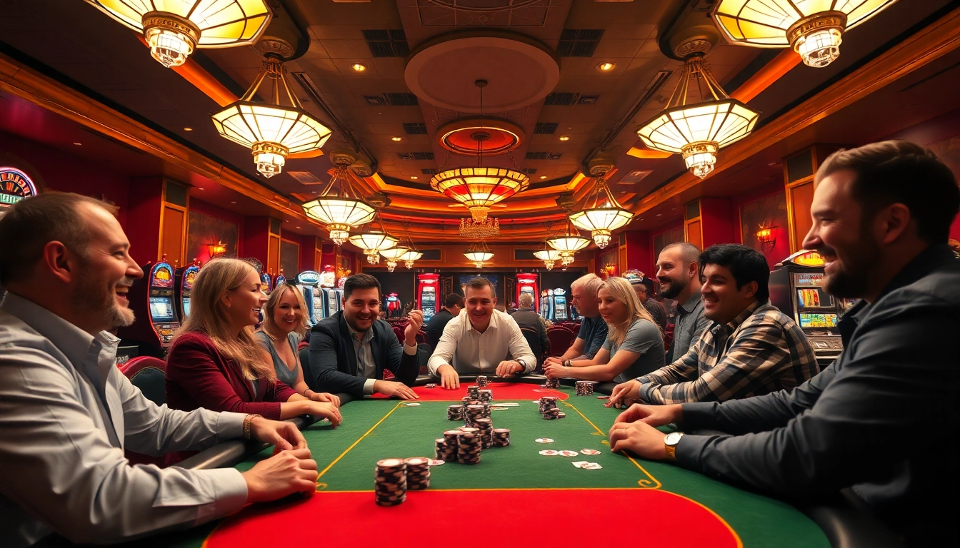Menampilkan suasana kasino di https://upfrontpodcast.com/ dengan meja poker yang ramai dan ceria.