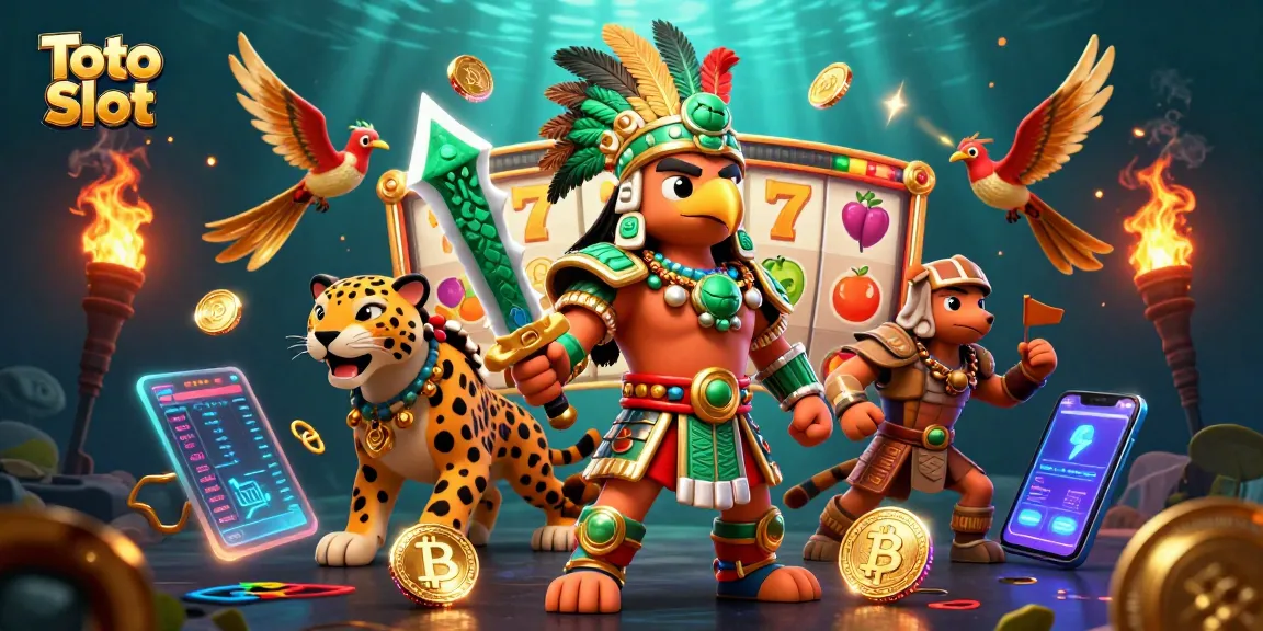 Menikmati permainan Toto Slot dengan karakter petarung Aztec dan simbol jackpot meriah.