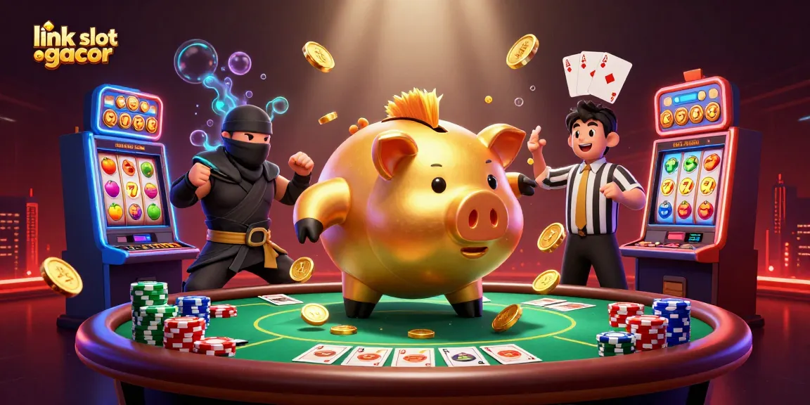 Mempertunjukkan koin emas dari celengan sumo, simbol slot dan poker, memicu keseruan permainan link slot gacor.
