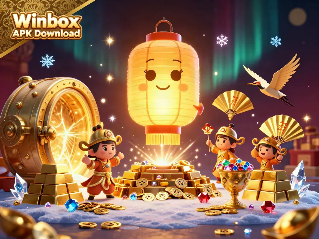 Experience the excitement of Winbox APK Download with vibrant casino-themed illustration showcasing golden treasures and gaming elements.