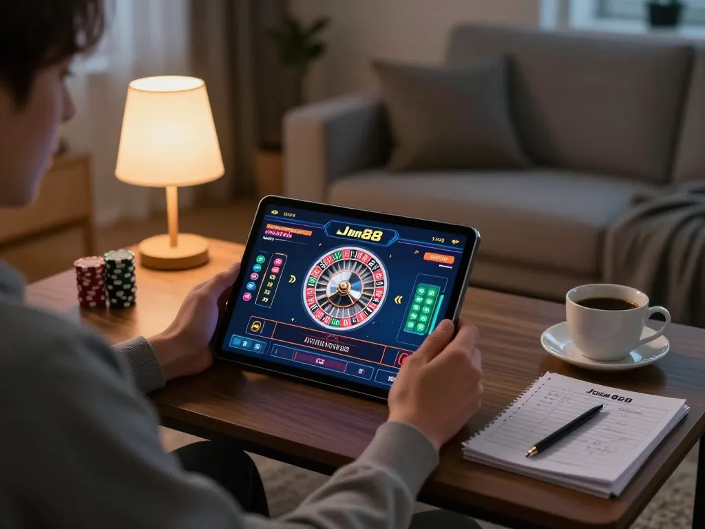Player engaging in Jun88 online casino roulette gameplay in a cozy home setting