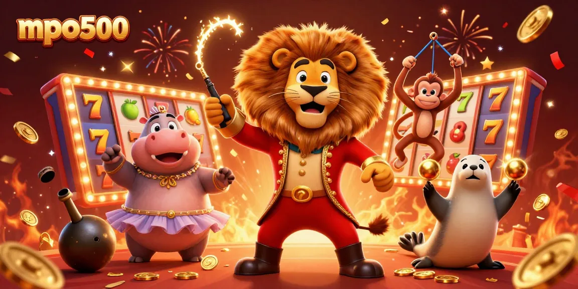 Experience the excitement of mpo500 with casino characters celebrating wins amidst vibrant slot reels and golden symbols.