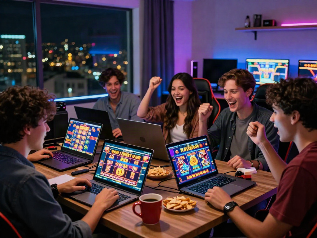 Friends celebrating a big win in slot gacor games on laptops in a vibrant gaming room.