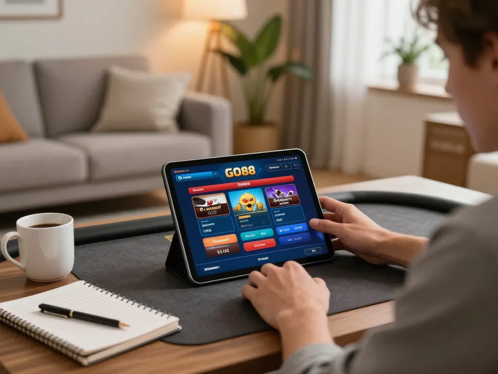 Engaged player enjoying GO88 online gaming on a tablet in a cozy home environment.